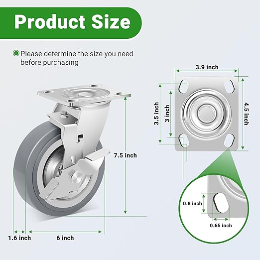 Nefish 6 Inch Heavy Duty Casters Wheels, Industrial Grade Thermoplastic Rubber Casters with Brake 4500 LBS, Ball Bearing Plate Swivel Castors Set of 4, Casters Wheels for Equipment, Industrial