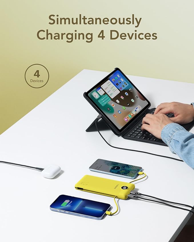 VEGER Portable Charger with Built-in AC Plug and Cables, All in One 10000mAh Ultra Slim Power Bank Travel Essentials, 15W Fast Charging Battery Pack Compatible with iPhone, Samsung, Android (Yellow)