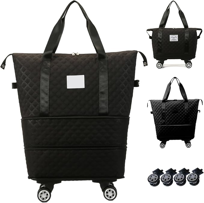 Rolling Duffle Bag with Wheels and Handle, Expandable Foldable Luggage Bag Black