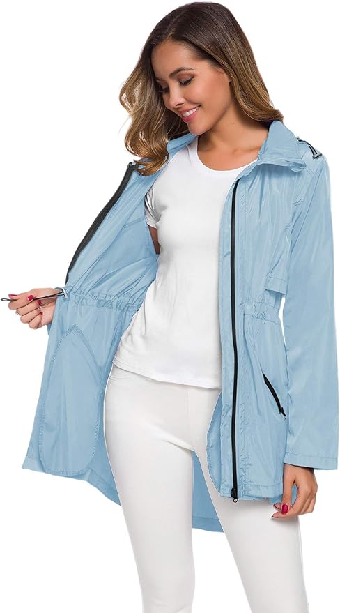 Avoogue Women's Long Raincoat with Hood Outdoor Lightweight Windbreaker Rain Jacket Waterproof