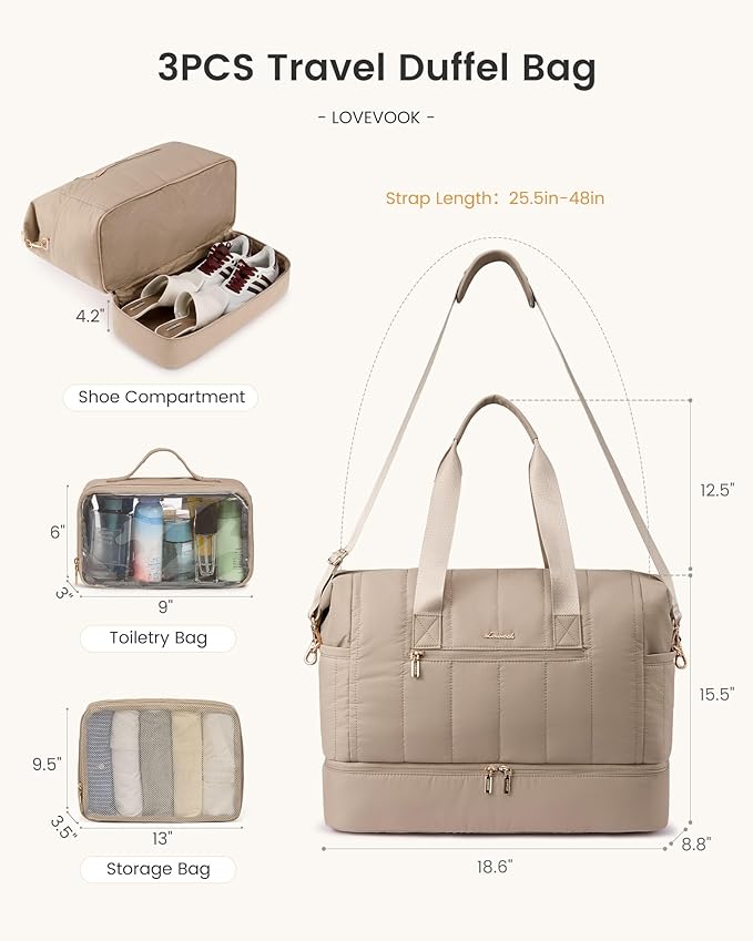 LOVEVOOK Travel Duffle Bag,Puffer Weekender Bags For Women with Shoe Compartment,42L Carry On Duffel Bags For Airplanes,Hospital for Labor and Delivery,Overnight Bag With Toiletry,3Pcs Set