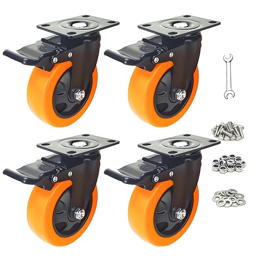 4 Inch Caster Wheels, Heavy Duty Casters Set of 4, Locking Top Plate Casters with Brake, Industrial Swivel Caster Wheels for Furniture and Workbench (Orange 4 x Brakes, 4 Inch)