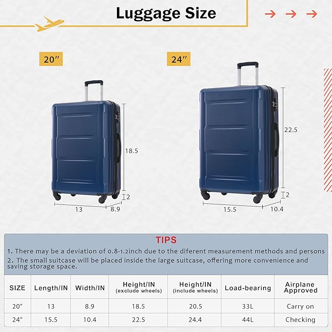Merax Luggage Sets 4 Piece Suitcase Set, Expandable Hardside 20 IN & 24 IN Suitcase Set with Duffel Bag, Lightweight Travel Luggage with Spinner Wheels and TSA Lock(Dark Blue)