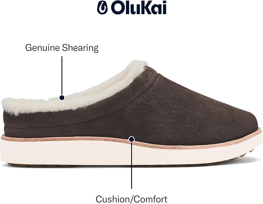 OLUKAI Mani Women's Leather Mule Slippers, Soft & Comfortable Slippers with Fleece Lining, Thick Rubber Outsole, All-Day Wear