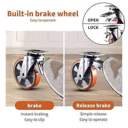 Super Heavy Duty Plate Casters Load 6500Lbs 8 inch Casters Set of 4 Swivel & Fixed Industrial Aluminum Core PU Wheels for Cart Furniture and Workbench Locking Outdoor Dolly Rigid Castors Load 6500Lbs