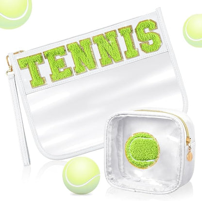 2 Pcs Tennis Gifts Cosmetic Makeup Bag with Chenille Letter Patch,with Handles PVC Waterproof Clear Makeup Bag,Portable Toiletry Storage Bag,Players & Fans Birthday, Team or Sports Lover Presents