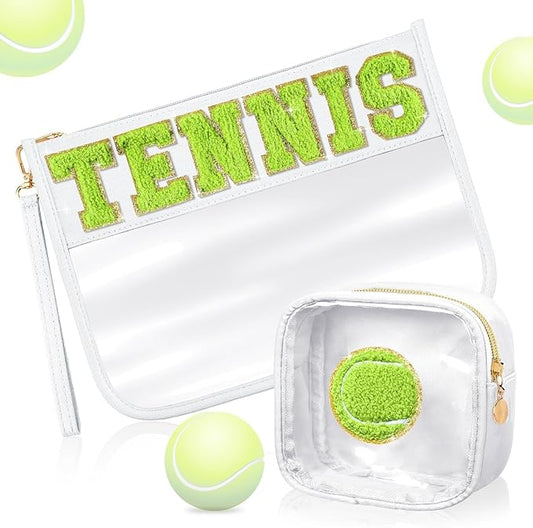 2 Pcs Tennis Gifts Cosmetic Makeup Bag with Chenille Letter Patch,with Handles PVC Waterproof Clear Makeup Bag,Portable Toiletry Storage Bag,Players & Fans Birthday, Team or Sports Lover Presents