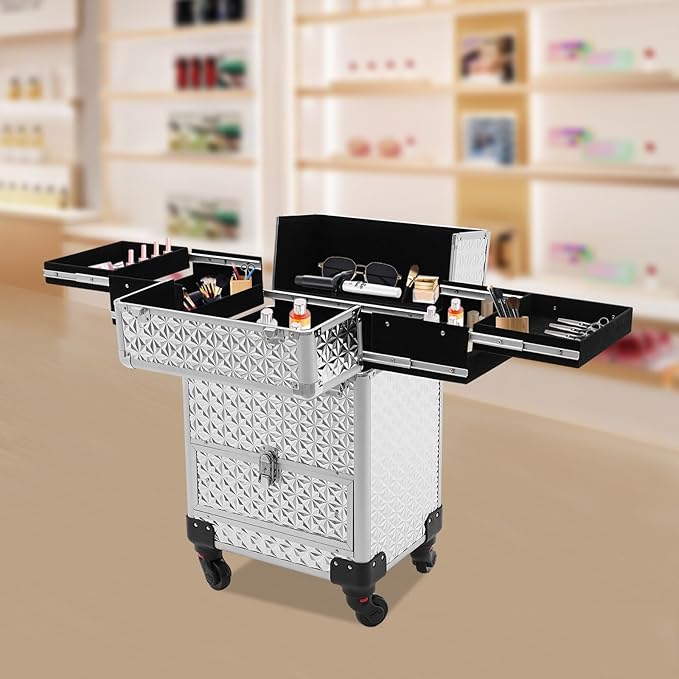 Rolling Makeup Train Case,Multi-functional Cosmetic Trolley with 360° Swivel Wheels Keys,Salon Barber Case Traveling Cart for Nail Technicians Hairstylist (Sliver)