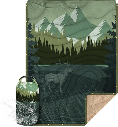 Outdoor Camping Blanket with Sherpa Lining, Extra Warm Thick Camp Blankets and Puffy Ultralight Soft Poncho DWR Camping Quilt for Cold Weather, Adventure, Sleeping, Backpacking 78"x 56"
