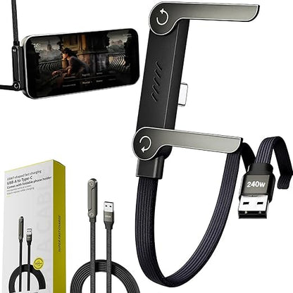 2026 New Sideways Phone Charger - 240W Braided Fast Charge Cable with Built-in Phone Stand, 2-in-1 Invisible Holder Charger Cable for iPhone, for Samsung and USB-C Devices (USB-A to Type-C)