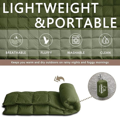 zzlamb Puffy Down Camping Blanket Water-Repellent, Down Throw Travel Blanket Portable for Outdoor, Light Warm Quilt for Couch Plane Car Theater Stadium Picnic RV Backpacking Hammock