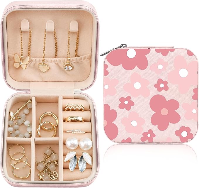 MAYCARI Jewelry Box with Cute Pink Floral Pattern Design, PU Leather Jewelry Travel Organizer Case-Rings/Earrings/Necklace Storage Box for Women Birthday Mom Friends Her Bridesmaids Girls s