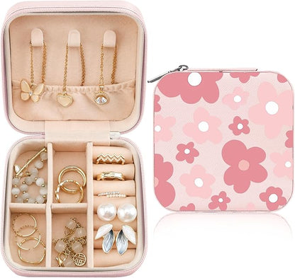 MAYCARI Jewelry Box with Cute Pink Floral Pattern Design, PU Leather Jewelry Travel Organizer Case-Rings/Earrings/Necklace Storage Box for Women Birthday Mom Friends Her Bridesmaids Girls s