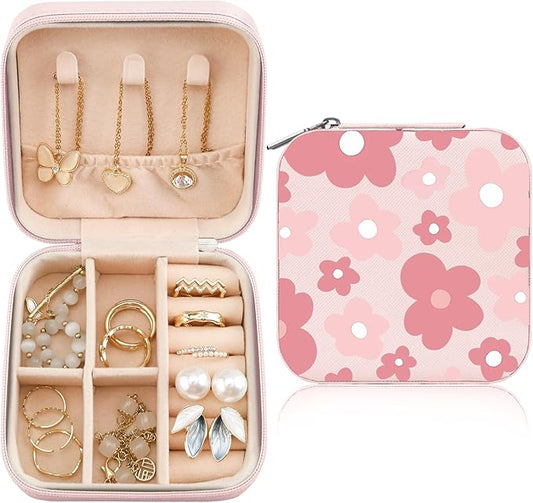 MAYCARI Jewelry Box with Cute Pink Floral Pattern Design, PU Leather Jewelry Travel Organizer Case-Rings/Earrings/Necklace Storage Box for Women Birthday Mom Friends Her Bridesmaids Girls s