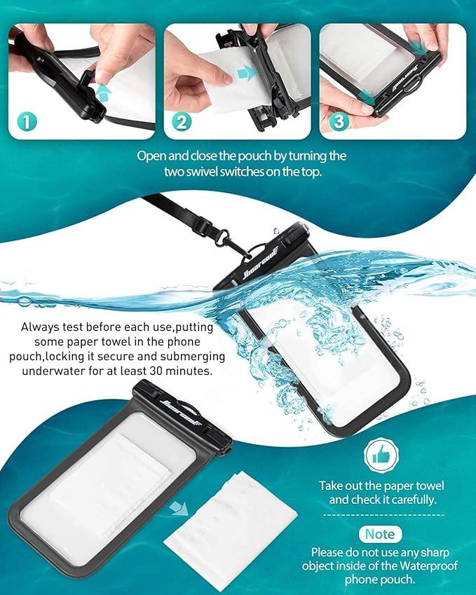 Hiearcool Waterproof Phone Pouch, IPX8 Waterproof Phone Case for iPhone 17/16/15/14 Pro Max, Cell Phone Dry Bag for Beach & Cruise Essentials, Touch Screen, Lanyard Included, 2 Pack (Fits Up to 8.3”)