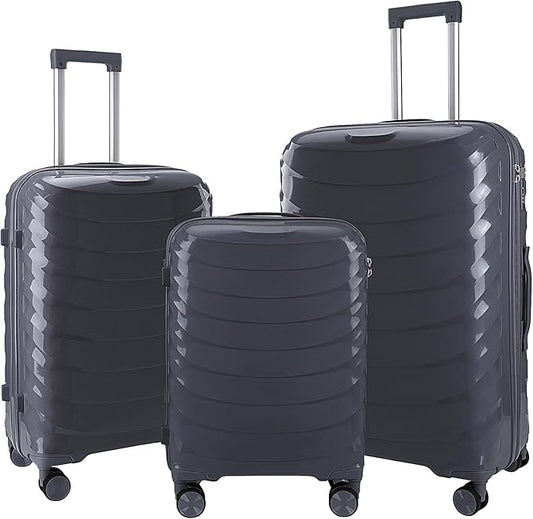 LARVENDER Luggage Sets 3 Piece, Hardside PP Carry On Luggage Suitcase with 360° Spinner Wheels Suitcase Sets for Women Men, Dark Grey