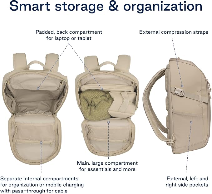 Beckmann STREET GO – Bold & Stylish Ergonomic backpack for Teens & Adults, Versatile & Functional, 26L Capacity expands to 31L - Sustainable & Durable - Water-Resistant, Lightweight. BEIGE