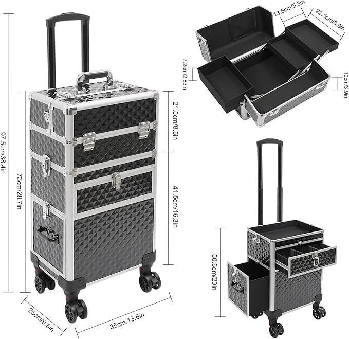 Beauty Luggage Rolling Lockable Makeup Train Case Stylist Cosmetic Luggage Travel Organizer with Hair Dryer Holder & Compartment