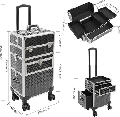 Makeup Train Case With 360° Rotation Wheels Multi-Functional Cosmetic Trolley with Drawer Large Storage Traveling Cart Trunk Black for Nail Technicians Hairstylist