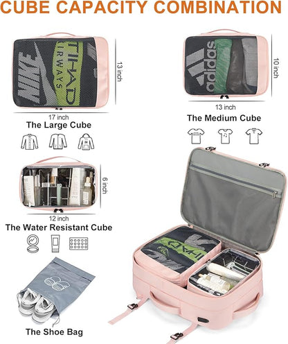 Lumesner Carry on Travel Backpacks, Extra Large 40L Flight Approved for Men & Women,Expandable Suitcase backpack (Pink (Backpack With 4 Packing Cubes))