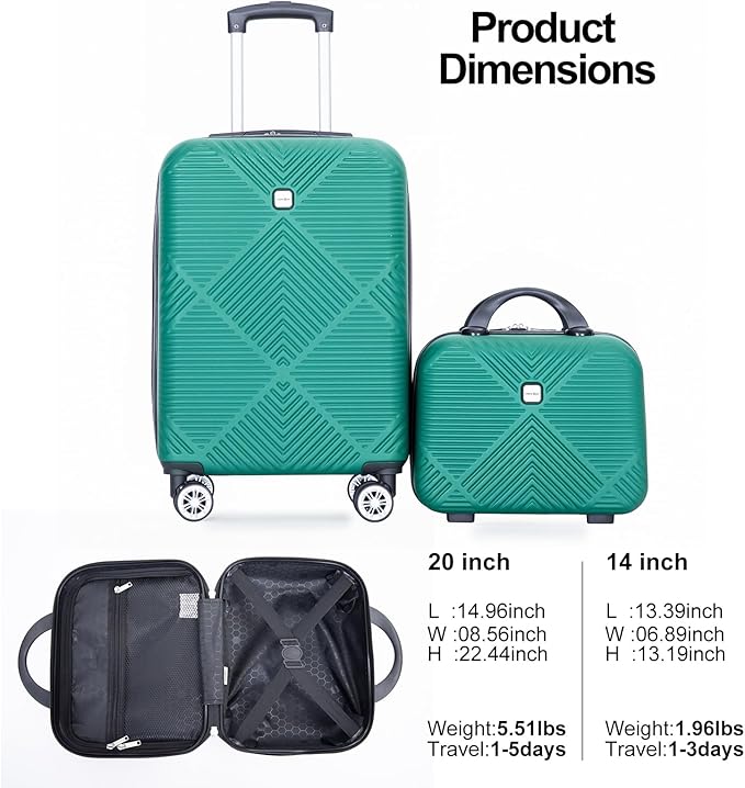 2 Piece Carry on Luggage Set, Airline Approved 20 Inch Luggage with Cosmetic Case Hard Shell Suitcase with Spinner Wheels, Dark Green