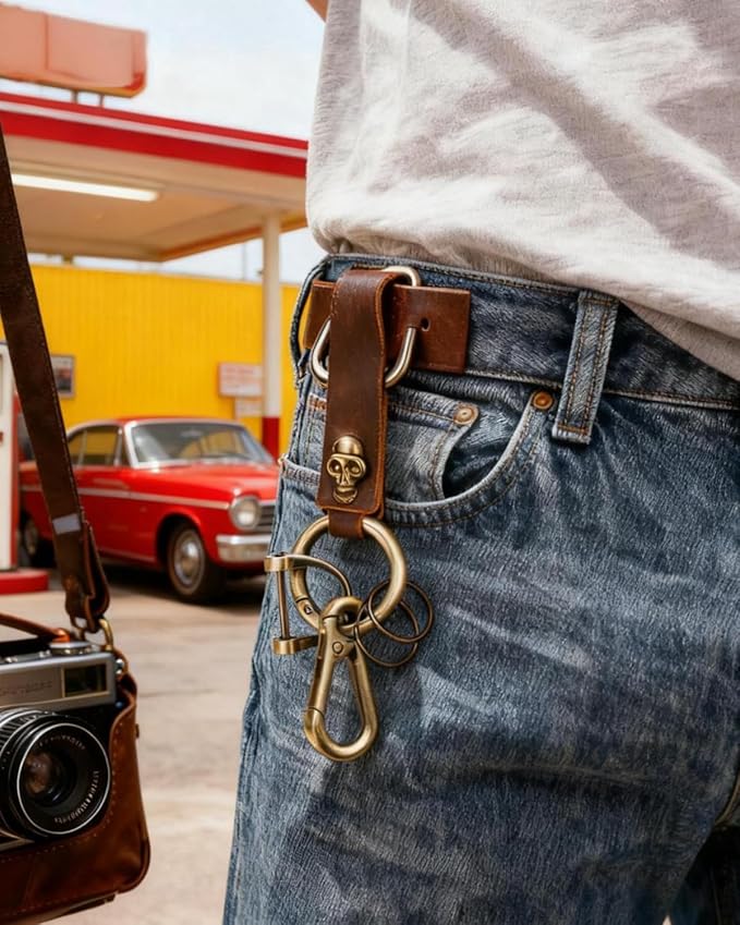 Teskyer Genuine Leather Keychain with Carabiner Clip and Key Ring, Vintage Key Chain Holder for Home/Car Keys