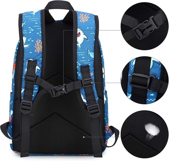 CAMTOP Backpack for Kids, Boys Preschool Backpack with Lunch Box Toddler Kindergarten Shark School Bookbag Set (Y028-2 Shark-Navy Blue)