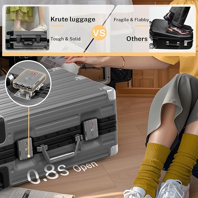Krute Carry On Luggage 20 inch Aluminum Frame Luggage with Spinner Wheels Hardshell No Zipper PC+ABS TSA Lock Zipperless Suitcases