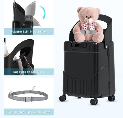smilesun 20" Carry On Luggage with Seat For Kids & Adults，Hardside Ride On Suitcase Front Opening with 360°Spinner and TSA Lock For Travel (Black with Front Open, 20")