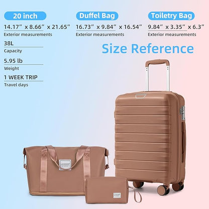 LARVENDER Luggage Sets 3 Piece, Hardside PP Carry On Suitcase with 360° Spinner Wheels TSA Lock Luggage Sets for Women, Mocha