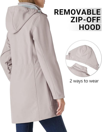 Outdoor Ventures Women's Softshell Jacket with Removable Hood Fleece Lined Windbreaker Insulated Long Warm Rain Jacket