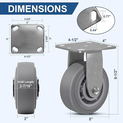 5 Inch Rubber Wheels (Flat Tread)- Heavy Duty Casters, Industrial Caster Wheels- with up to 800 LB Capacity- Use for Dollies, Utility and Maintenance Carts(12 Rigid)