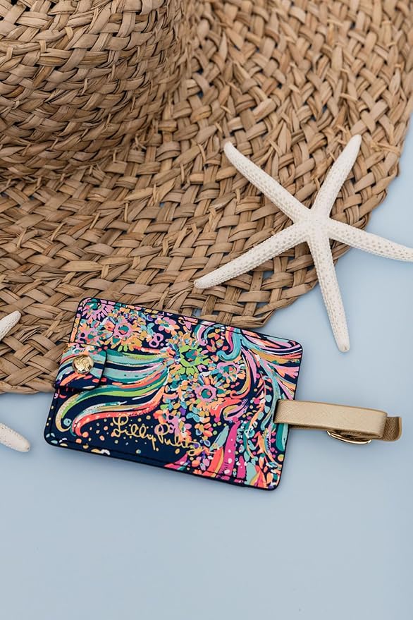 Lilly Pulitzer Leatherette Luggage Tag with Secure Strap, Colorful Suitcase Identifier for Travel