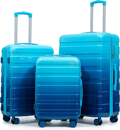 Campfun 3 Piece Luggage Sets, PC Gradient Color Suitcase Set with Double Spinner Wheels, Durable Carry On Luggage with Combination Lock, 20/24/28 inch, Light Blue+Navy