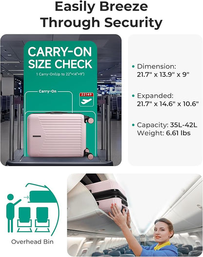 BAGSMART Carry On Luggage 22x14x9 Airline Approved with Spinner Wheels,100% PC Hardside Expandable Luggage with TSA Lock for Trips, 20 Inch Rolling Suitcases for Men Women,BlackPink