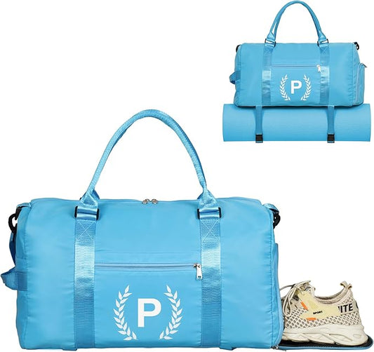Gym Bag for Women, Personalized Duffle Bag with Shoe Compartment, Sports Bag for Yoga & Dance with Wet Pocket and Mat Strap(AquaBlue,P)