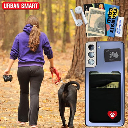 Gecko Travel Tech Double Pocket - Adhesive Card Holder - Cell Phone Pouch - Stick on Spandex Pocket - Carry Credit Cards and Cash - DOG HEART