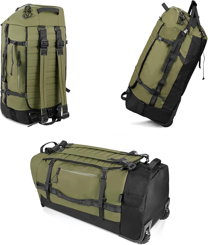 CONTAIL 86L Wheeled Duffel Bag, Soft Shell with Adjustable Web Handles, Carry On Size 29.5x14.2x12.6in, Foldable with Dual Wheels & Shoe Compartment,Army Green