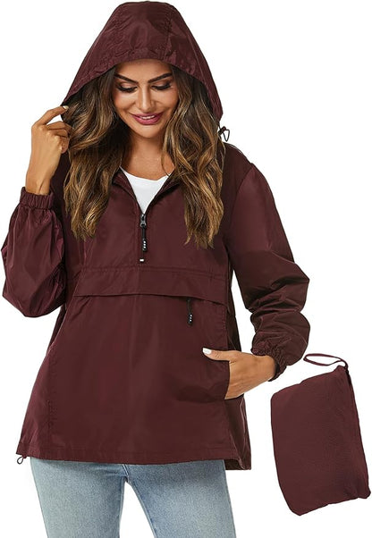 Avoogue Womens Rain Jacket with Hood,Pullover,Packable,Lightweight,Windbreaker,Waterproof,Breathable.