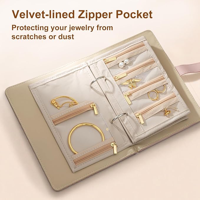 Jewelry Travel Case, Jewelry Organize Storage Book Ring Binder with Clear Zipper Velvet Jewelry Pouches Bags for Rings, Necklace, Earrings, Cream White