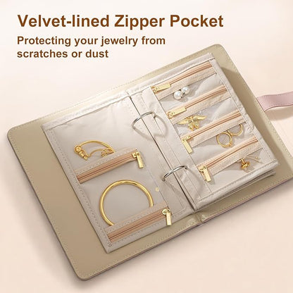Jewelry Travel Case, Jewelry Organize Storage Book Ring Binder with Clear Zipper Velvet Jewelry Pouches Bags for Rings, Necklace, Earrings, Cream White