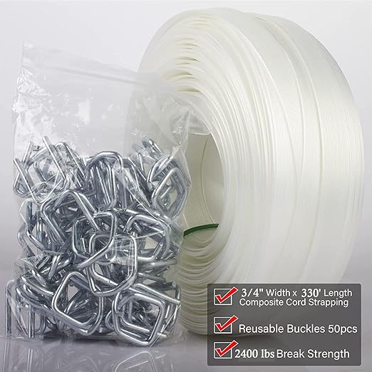 Composite Polyester Cord Strapping Kit, 3/4" x 330' Composite Polyester Cord Strapping Roll with 50 Pack Metal Wire Buckles, 2400 lbs Break Strength