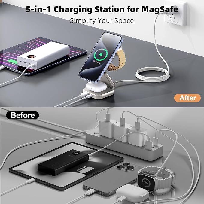 5-in-1 Wireless Charger for MagSafe, AC ISLAND Portable Travel Charging Station, 35W Max Fast Foldable Magnetic Stand, Evolved for iPhone 17-12 & Air Series, Apple Watch, AirPods (with 35W Adapter)