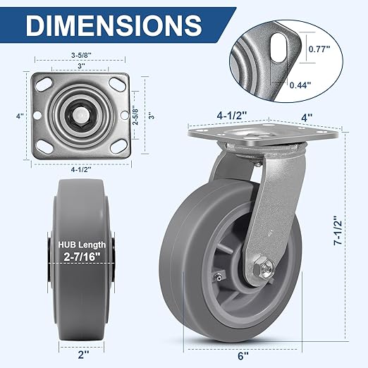 6 Inch Rubber Wheels (Flat Tread)- Heavy Duty Casters, Industrial Caster Wheels- with up to 1000 LB Capacity- Use for Dollies, Utility and Maintenance Carts(2 Swivel)
