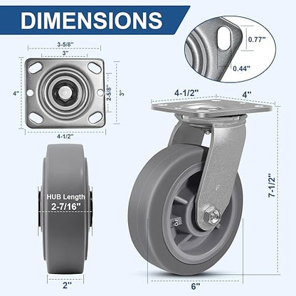 6 Inch Rubber Wheels (Flat Tread)- Heavy Duty Casters, Industrial Caster Wheels- with up to 1000 LB Capacity- Use for Dollies, Utility and Maintenance Carts(2 Swivel)