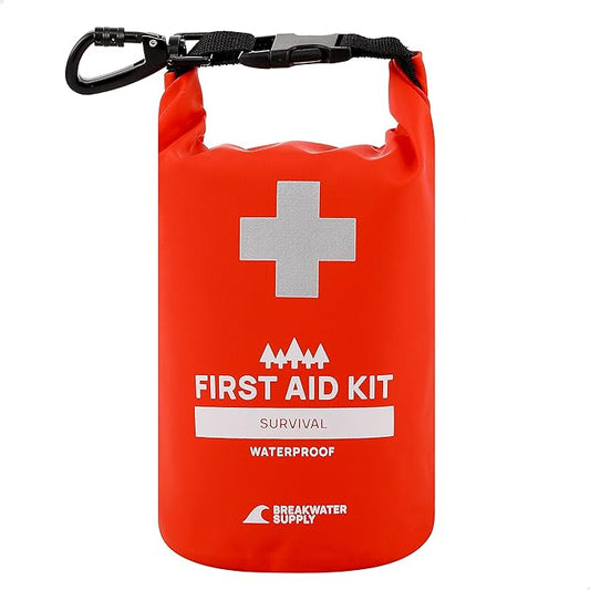 Breakwater Supply™ Waterproof First Aid Kit Dry Bag Bug Out Bag Preloaded with Emergency Survival Prepper Supplies for Boating, Camping, Fishing + Carabiner, Floating, Reflective, AFAK/IFAK Trauma Kit