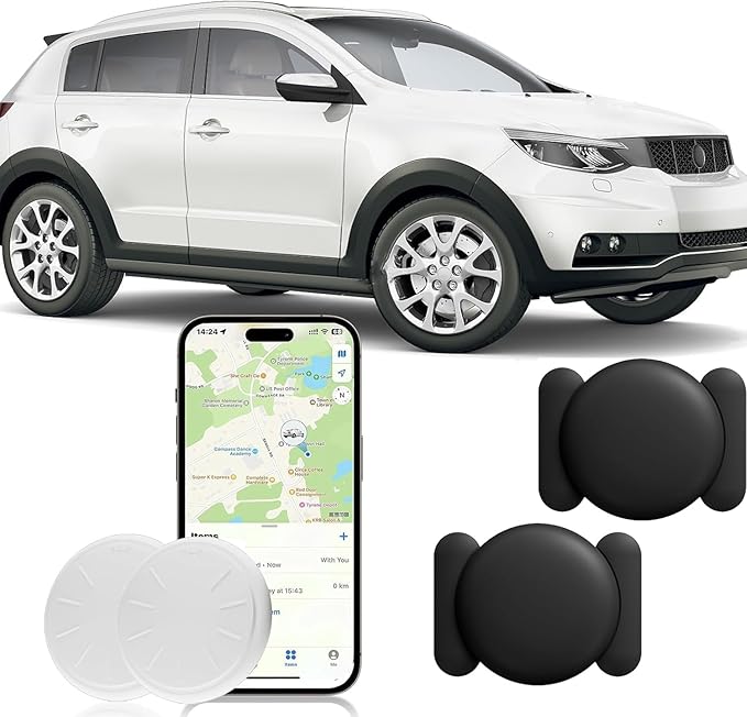 Car GPS Tracking Device for Vehicles, 2PCS Real Time GPS Tracker for Car Work with Find My (iOS Only),Hidden Mini GPS Tracker,No Monthly Fee (White Tracker, Black Magnetic Case)