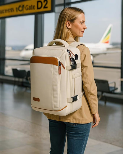 Vancropak Travel Backpack for Women, Airline Approved Carry On Backpack with 3 Packing Cubes, Expandable Large 40L Travel Bag fits 17" Laptop, Anti Theft Luggage Suitcase Weekend Daypack, White Brown
