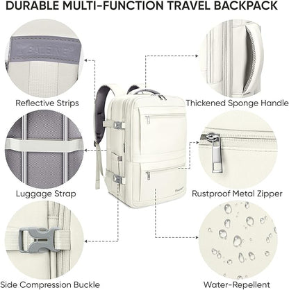 BALEINE Travel Backpack for Women Men, Large Sturdy Carry On Laptop Backpack Gifts for Business, Casual, Weekender, Hiking (XL, Beige)