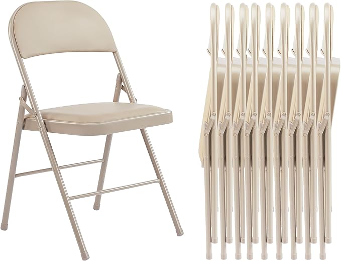 Folding Chairs 10 Pack, Portable Stackable Commercial Chair, Indoor Outdoor Padded Leather Chair with Sturdy Metal Frame, for Home, Office, or Party Events. (Kahki, 10 Pack)